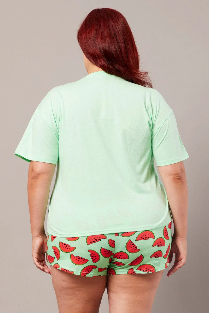 Green Print Graphic Pyjama Set Cute Melon Print Pj - Image 5
