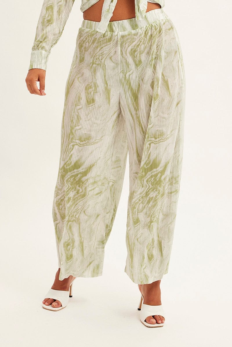 Green Print Plisse Pants Wide Leg High Rise - Image 3