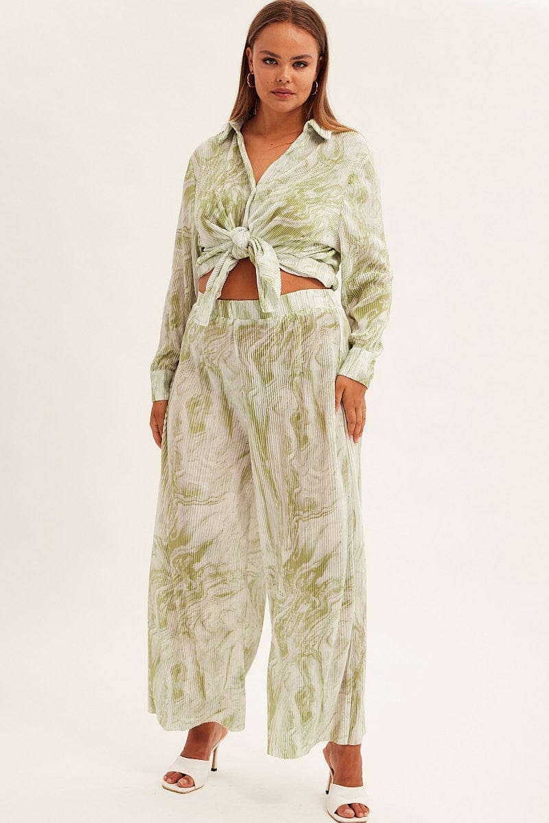 Green Print Plisse Pants Wide Leg High Rise - Image 4