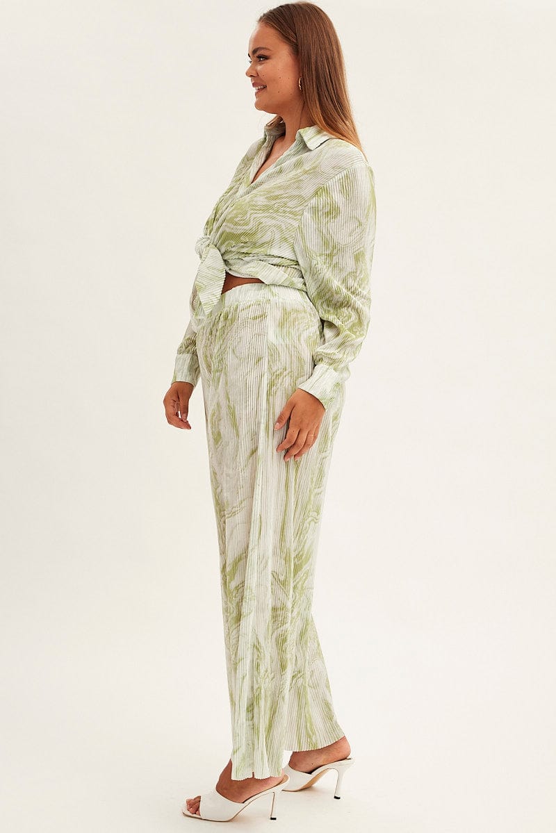 Green Print Plisse Pants Wide Leg High Rise - Image 5