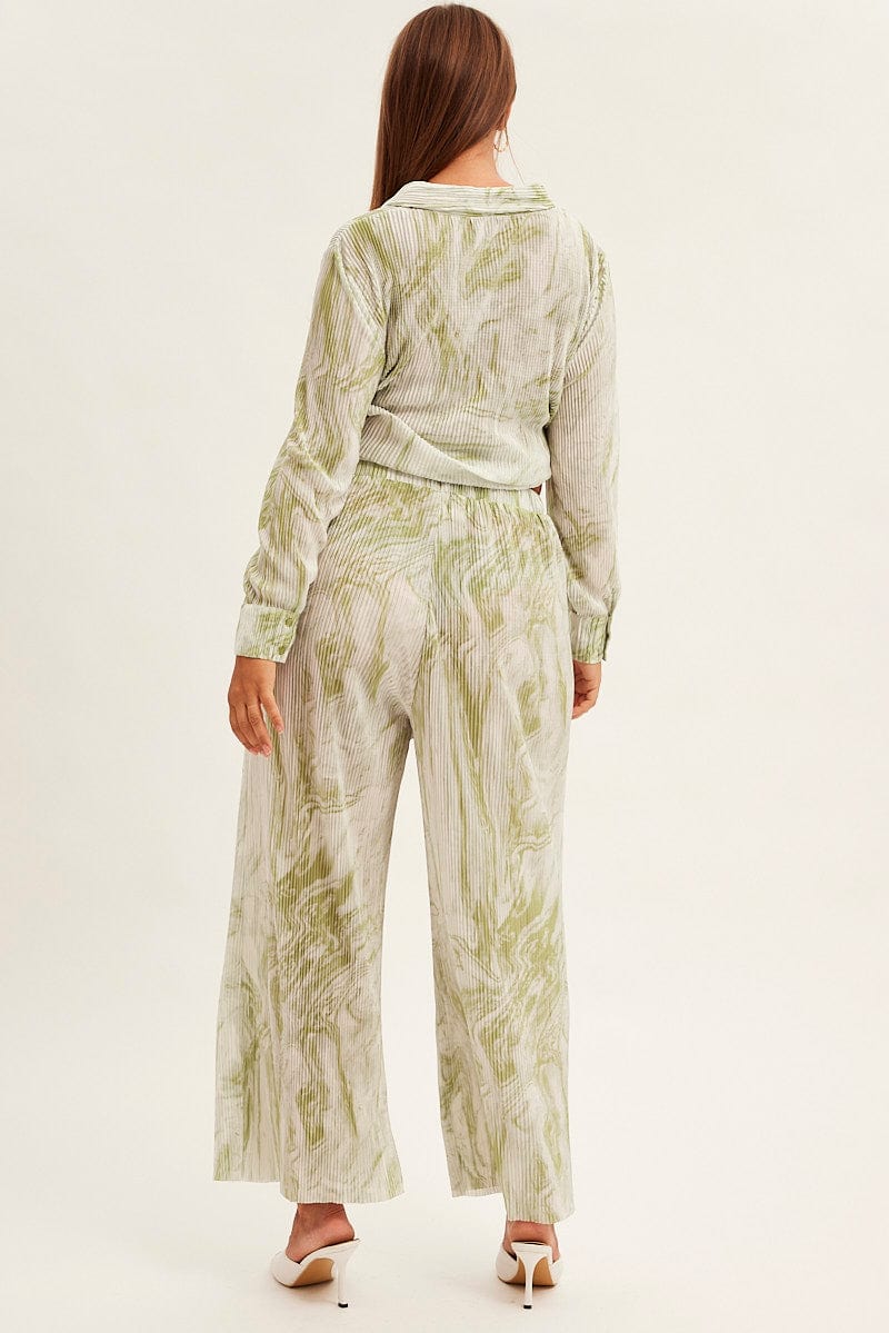 Green Print Plisse Pants Wide Leg High Rise - Image 6