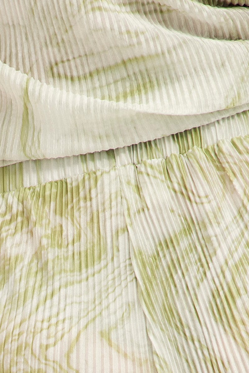 Green Print Plisse Pants Wide Leg High Rise - Image 7