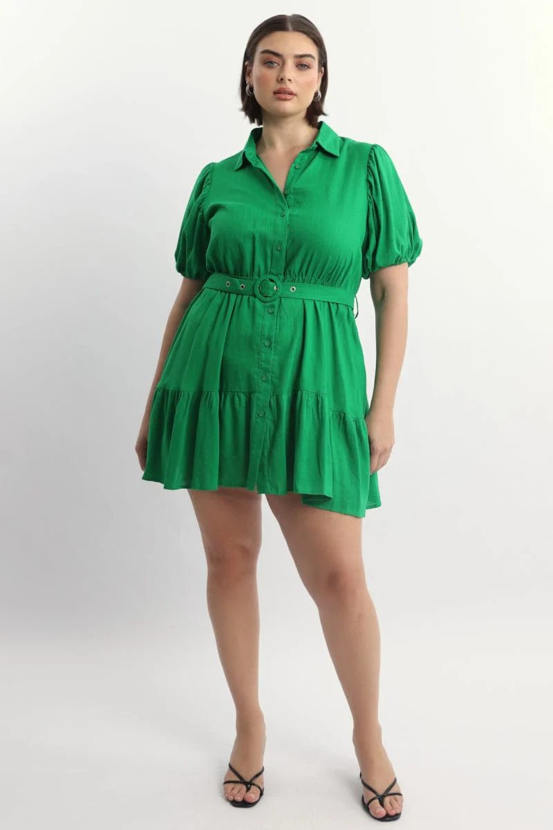 Green Puff Sleeve Belted Mini Shirtdress - Image 2