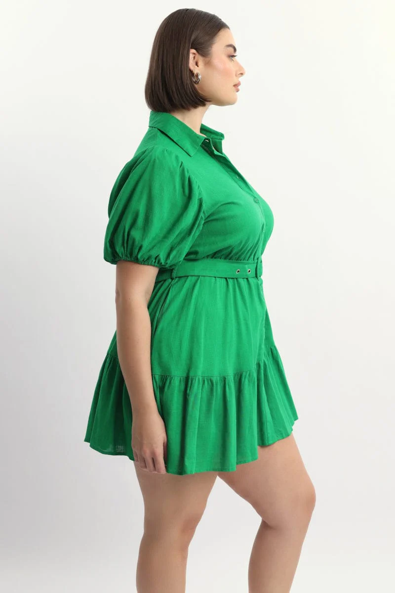 Green Puff Sleeve Belted Mini Shirtdress - Image 3
