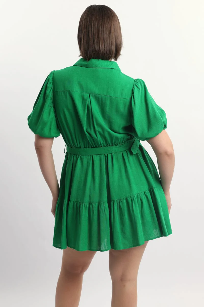Green Puff Sleeve Belted Mini Shirtdress - Image 4