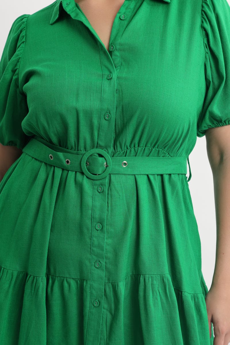 Green Puff Sleeve Belted Mini Shirtdress - Image 5