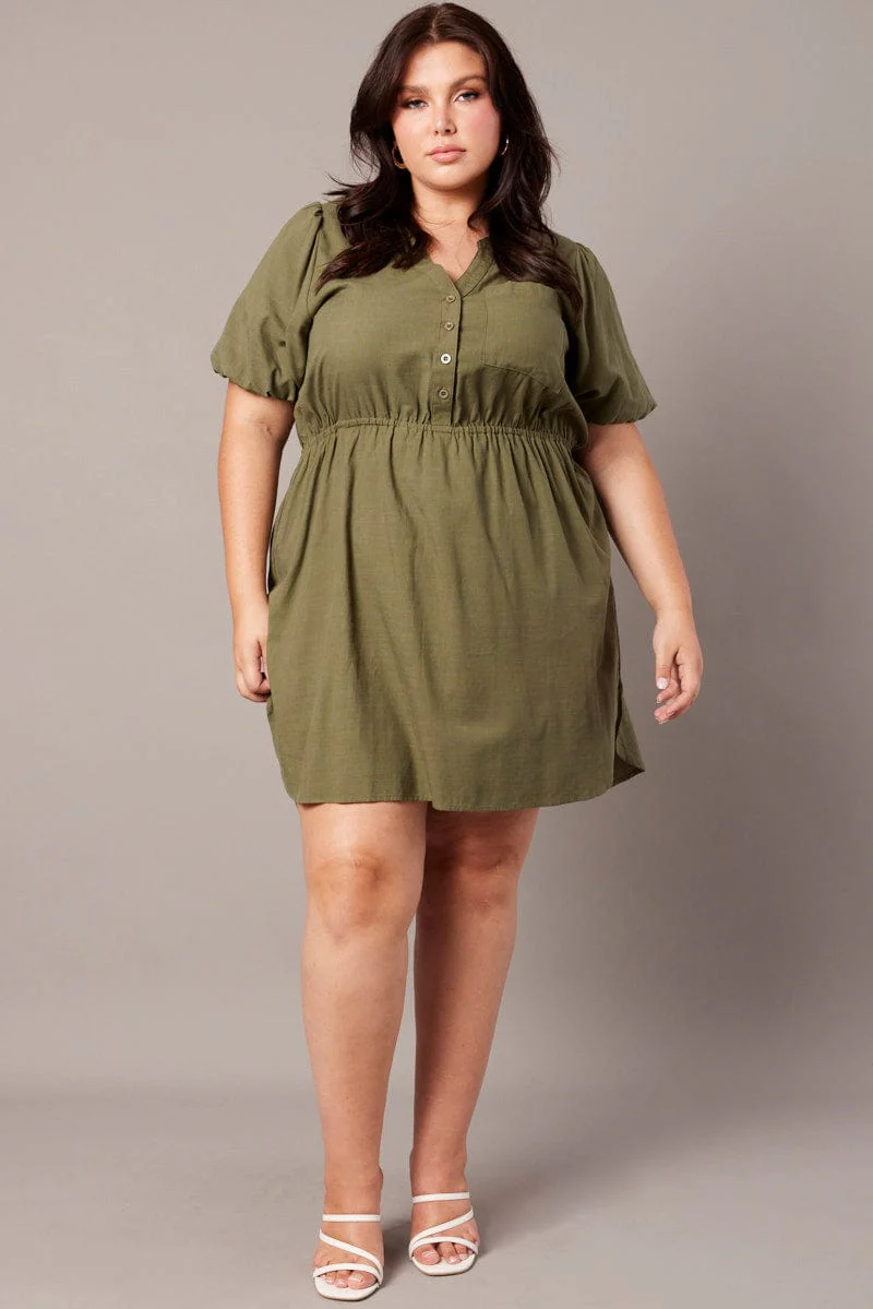 Green Puff Sleeve Curve Hem Shirt Dress - Image 2