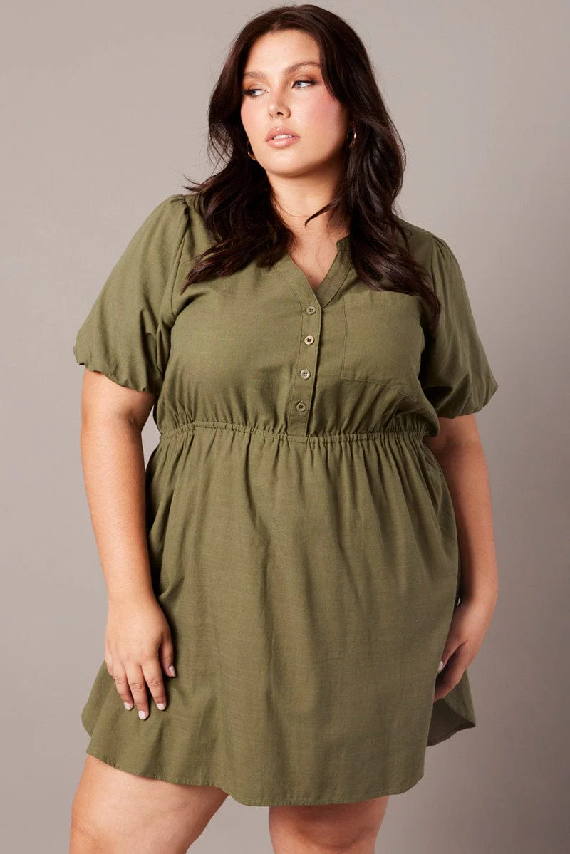 Green Puff Sleeve Curve Hem Shirt Dress - Image 3