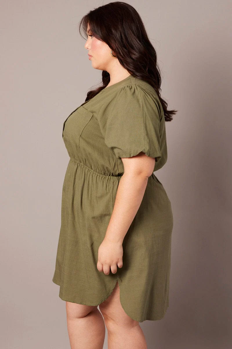 Green Puff Sleeve Curve Hem Shirt Dress - Image 4