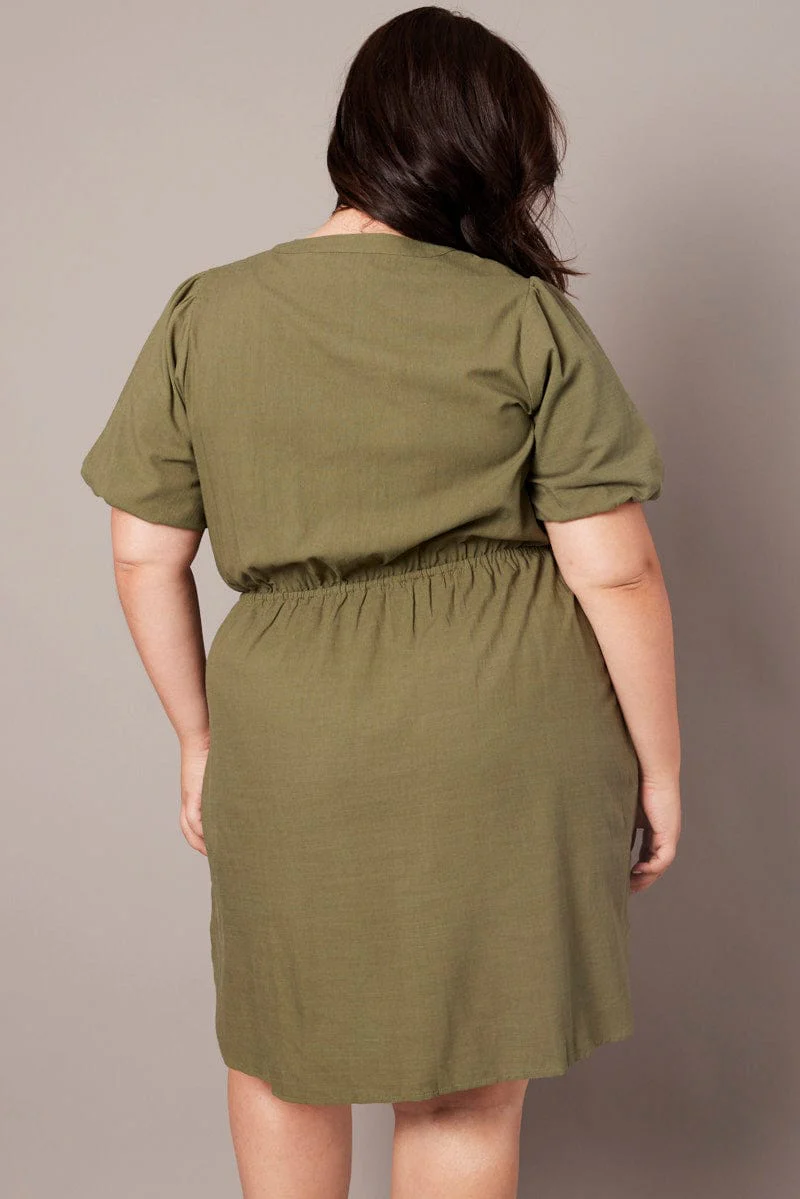 Green Puff Sleeve Curve Hem Shirt Dress - Image 5