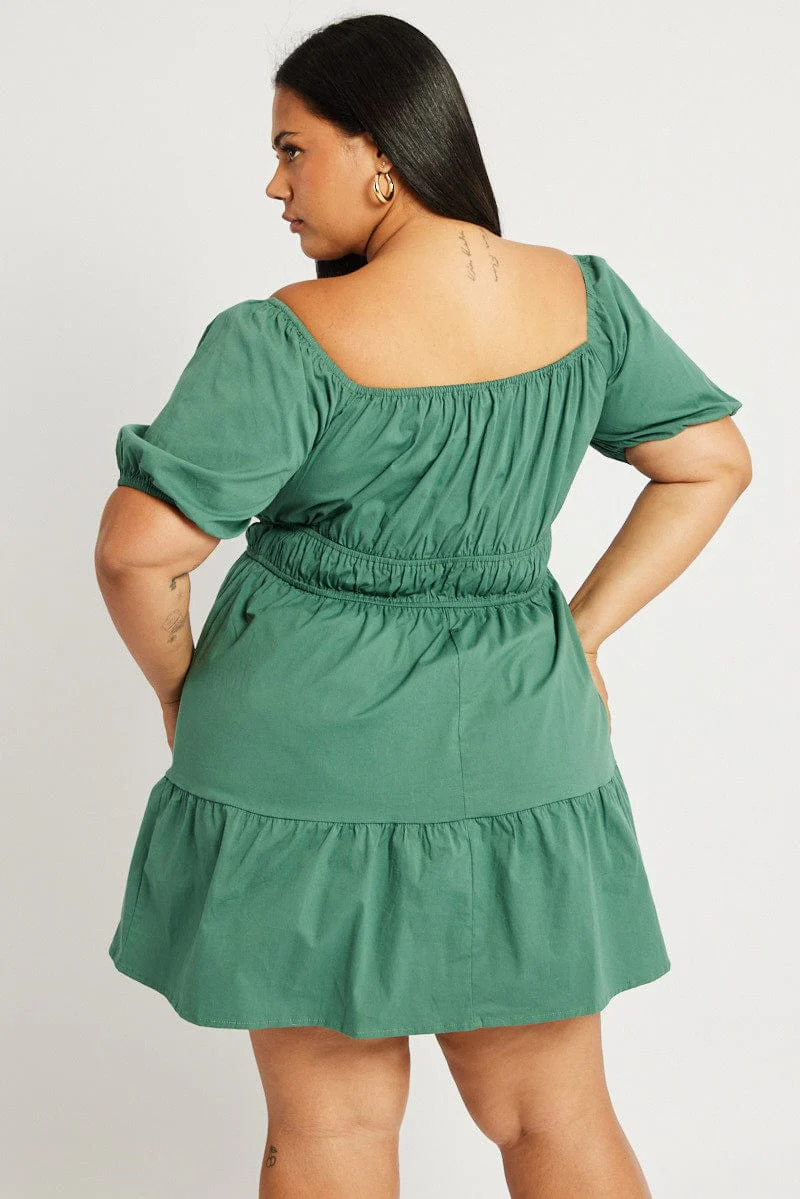 Green Puff Sleeve Gather Minidress - Image 5