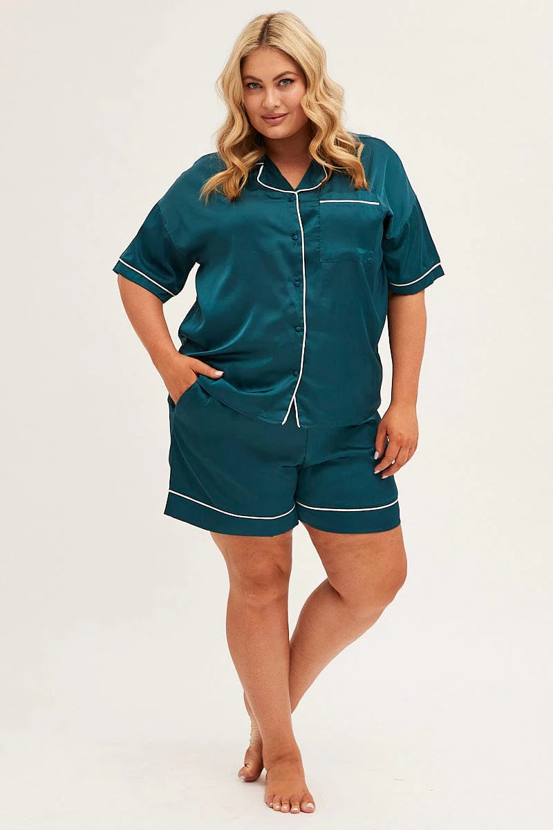 Green Pyjamas Set Short Sleeve Collared Shorts Satin - Image 2