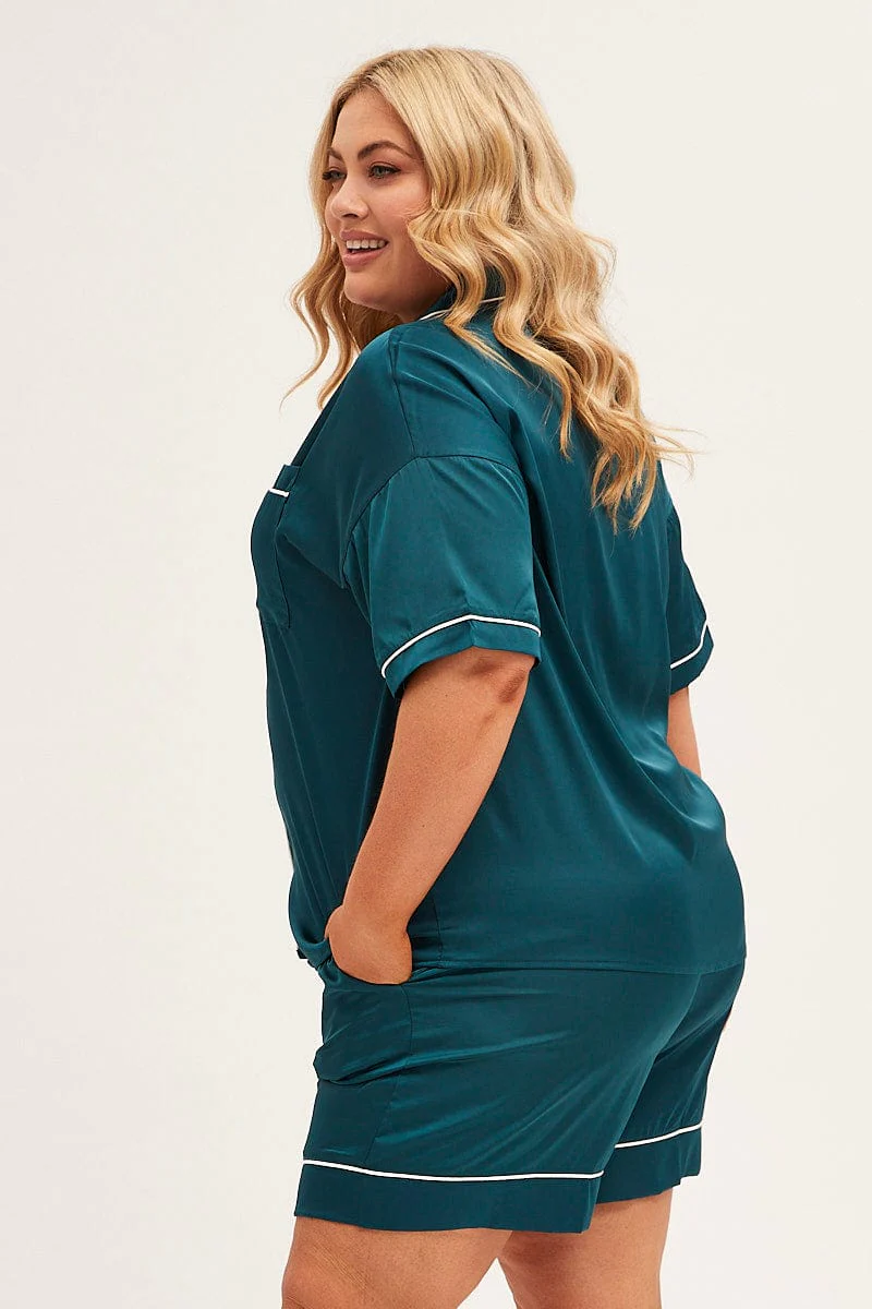 Green Pyjamas Set Short Sleeve Collared Shorts Satin - Image 4