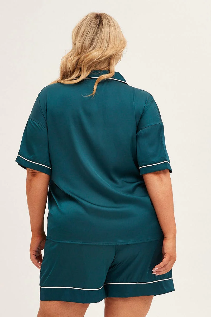 Green Pyjamas Set Short Sleeve Collared Shorts Satin - Image 5