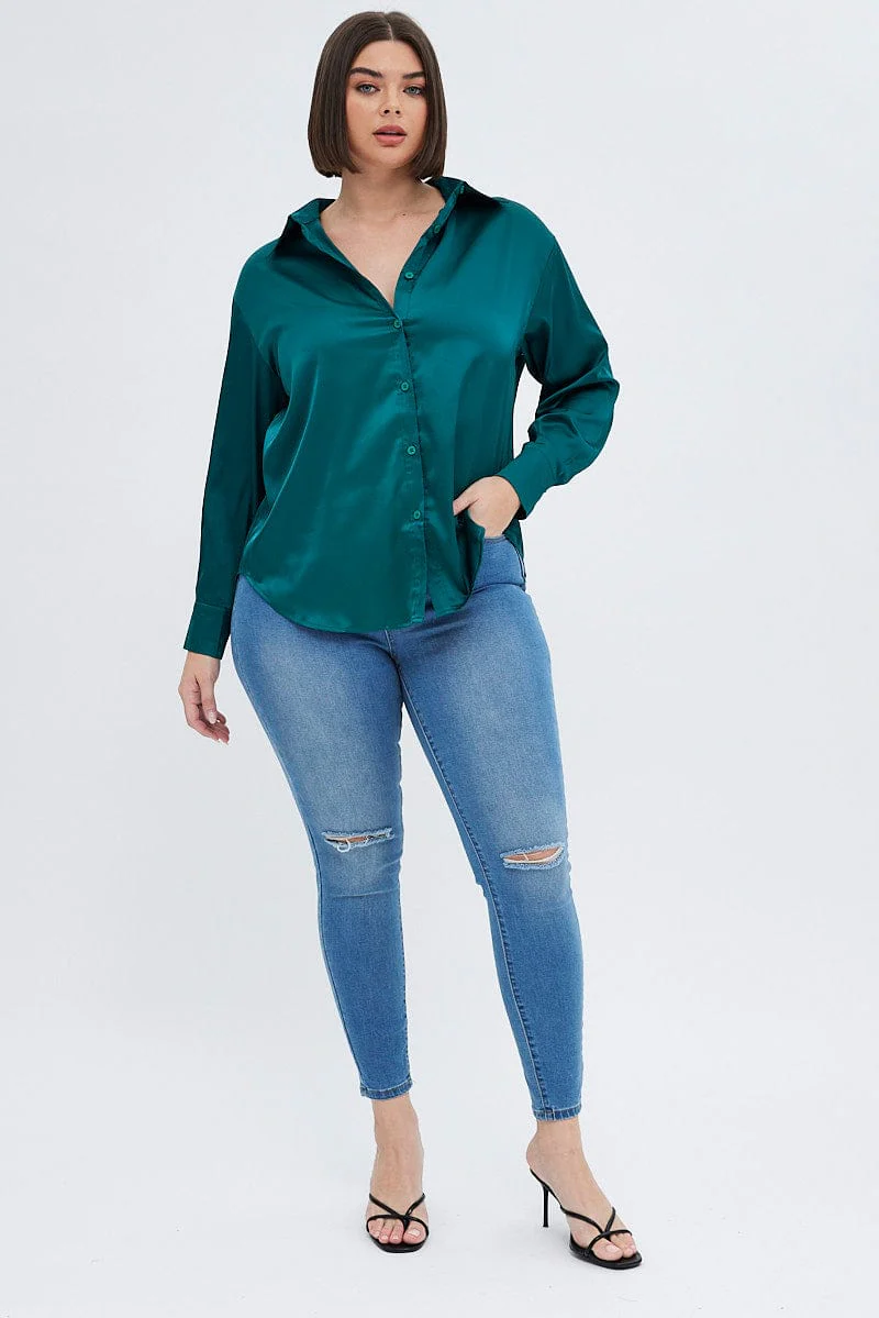 Green Relaxed Shirt Long Sleeve Satin - Image 2