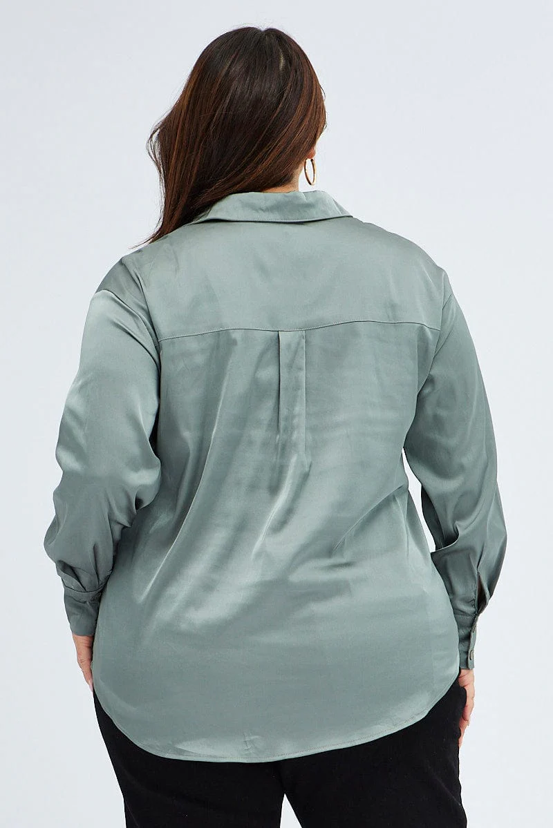 Green Relaxed Shirt Long Sleeve Satin - Image 5