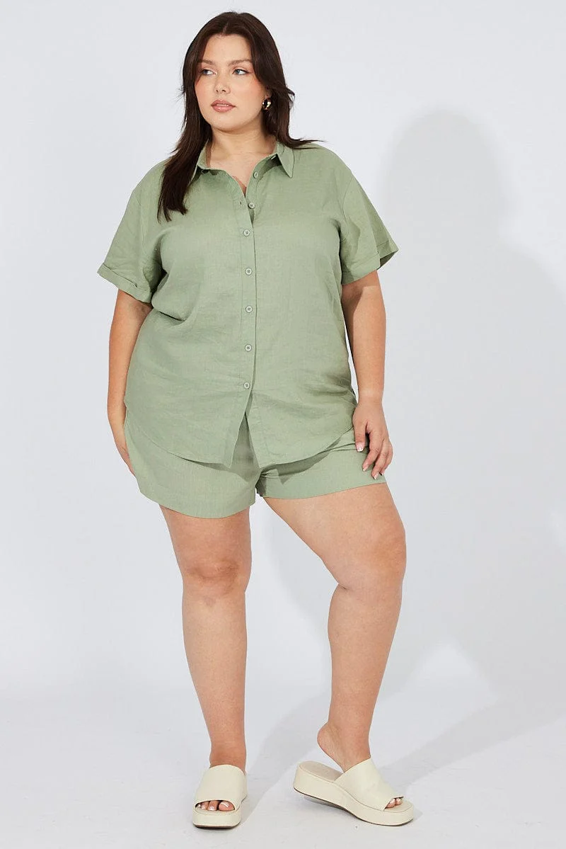 Green Relaxed Shirt Short Sleeve Linen Viscose