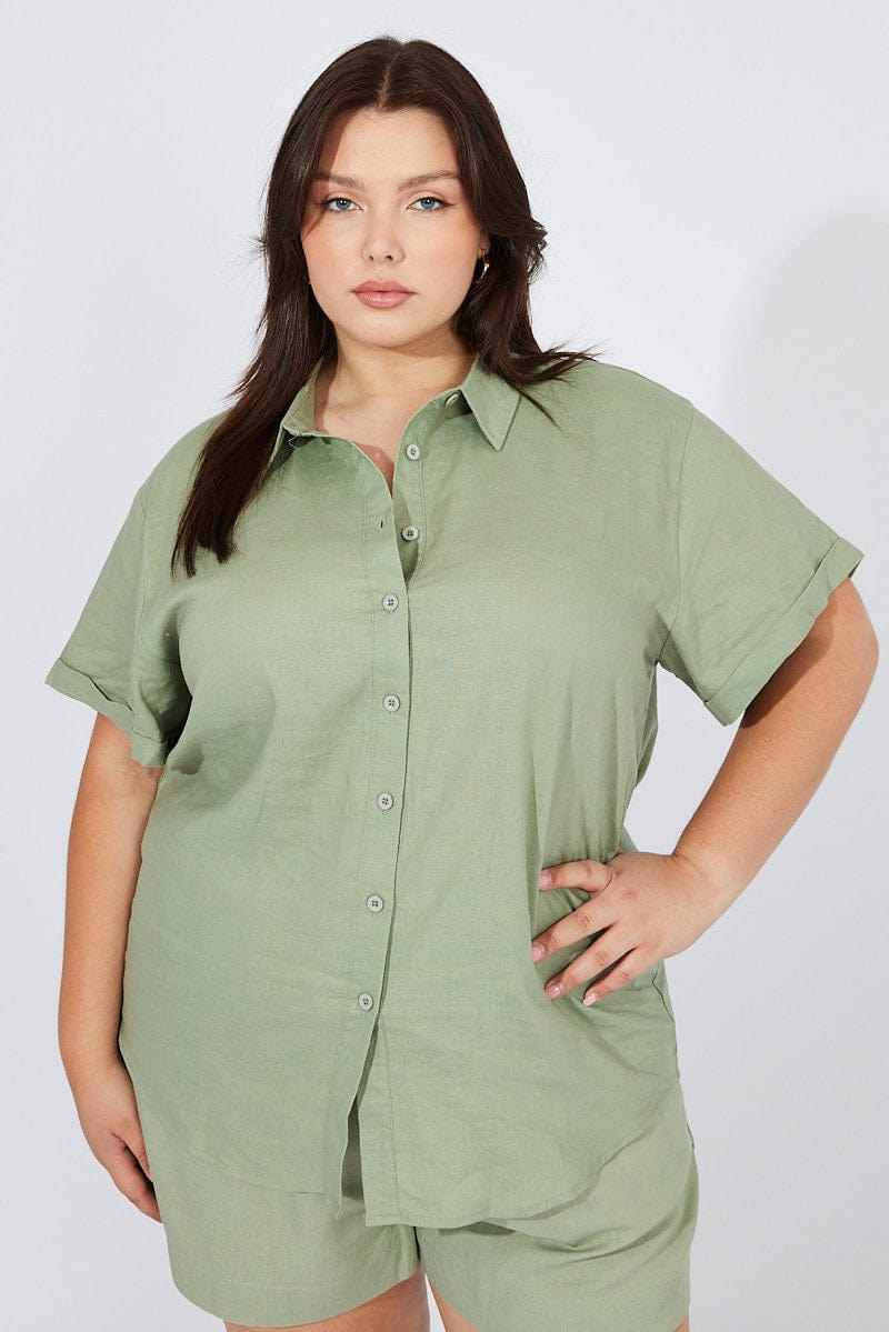 Green Relaxed Shirt Short Sleeve Linen Viscose - Image 3