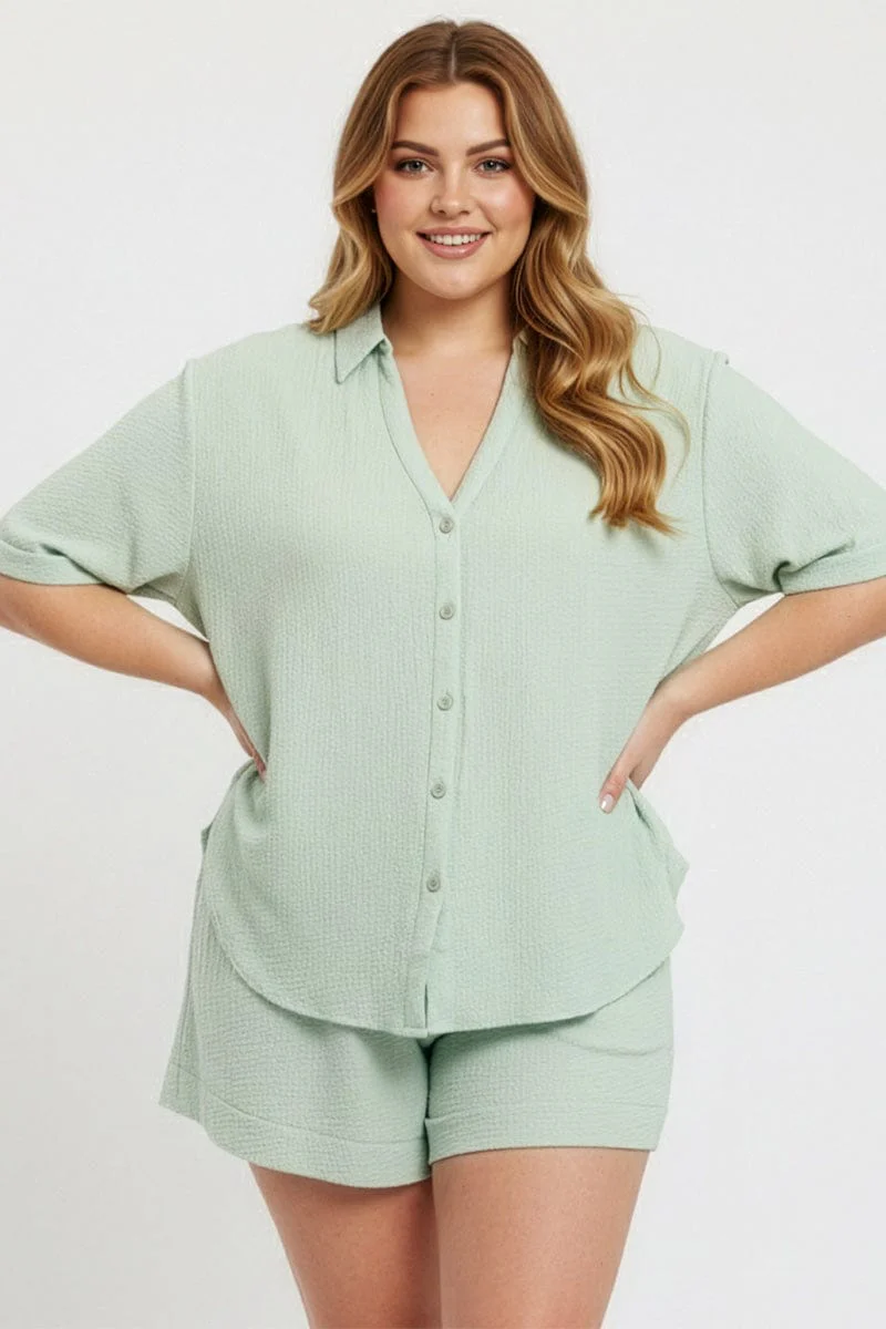 Green Relaxed Shirt Short Sleeve Textured