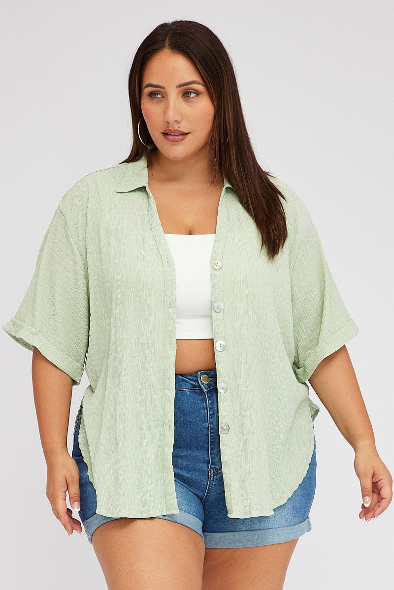 Green Relaxed Shirt Short Sleeve Textured - Image 3