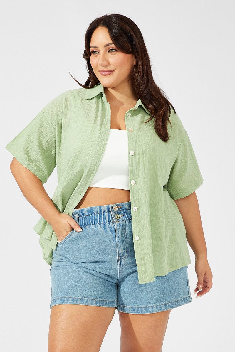 Green Relaxed Shirt Short Sleeve Textured