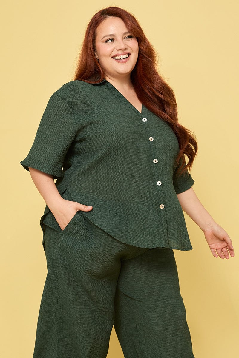 Green Relaxed Shirt Short Sleeve Textured
