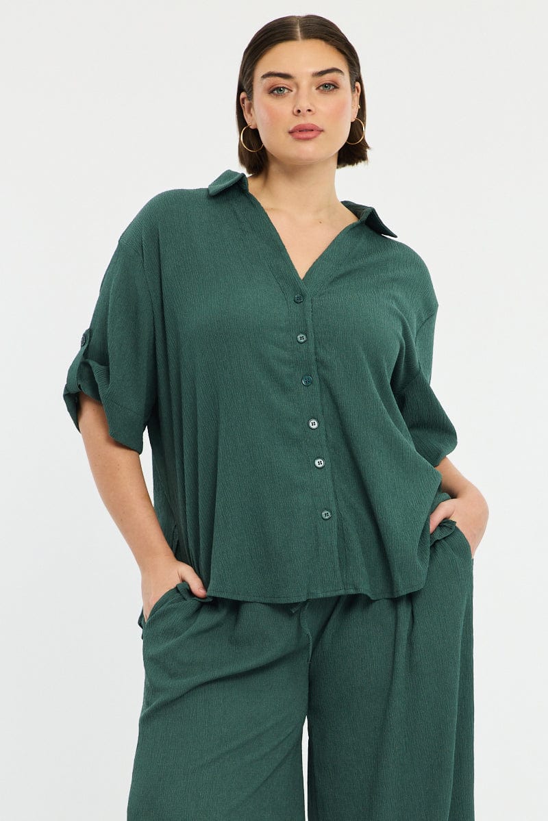 Green Relaxed Shirt Short Sleeve Textured