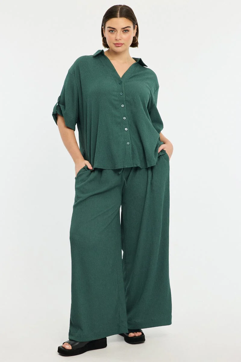 Green Relaxed Shirt Short Sleeve Textured - Image 2
