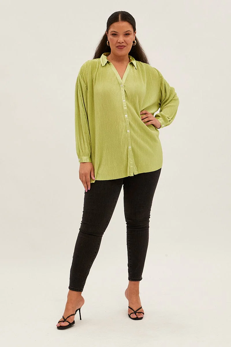 Green Relaxed Shirts Long Sleeve Plisse - Image 2