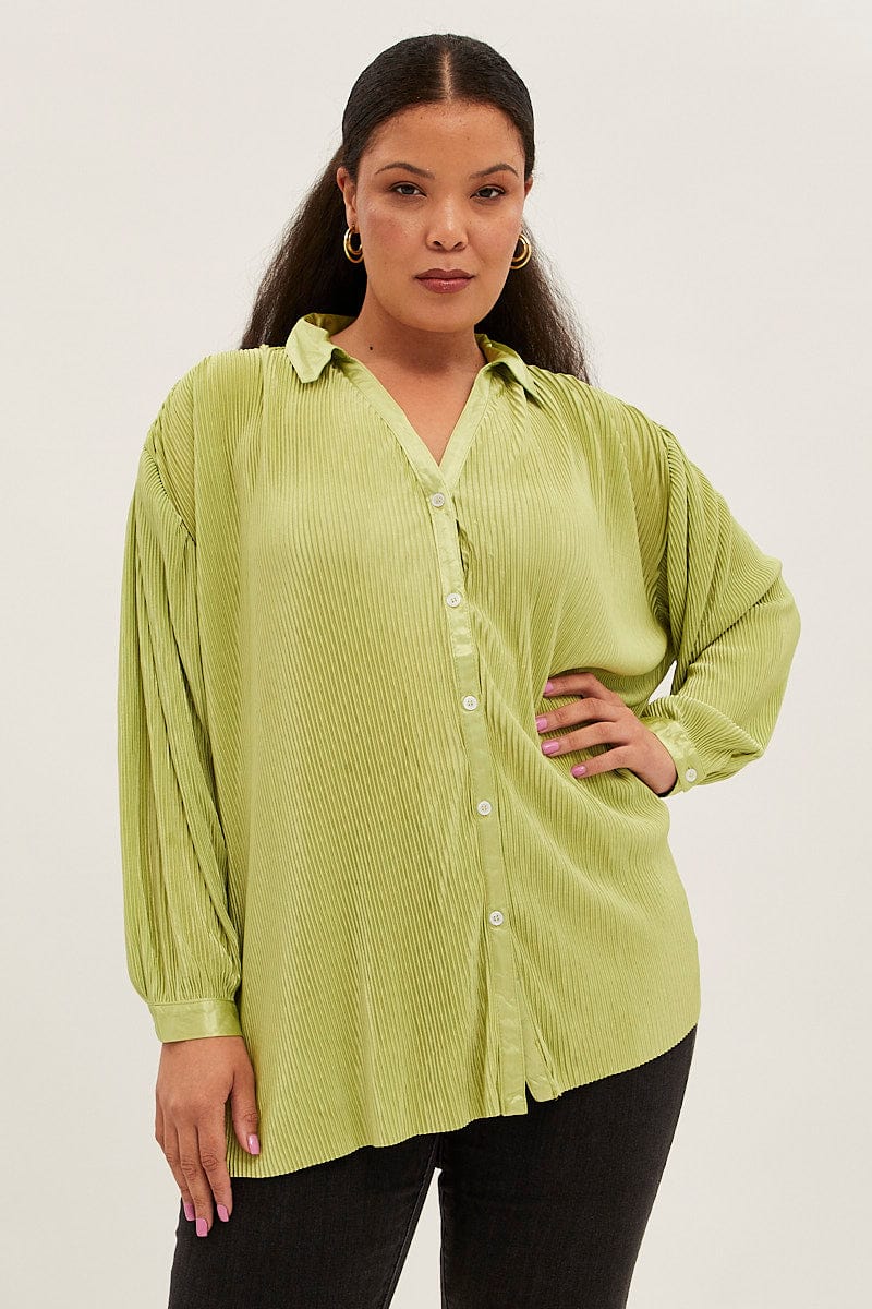 Green Relaxed Shirts Long Sleeve Plisse - Image 3