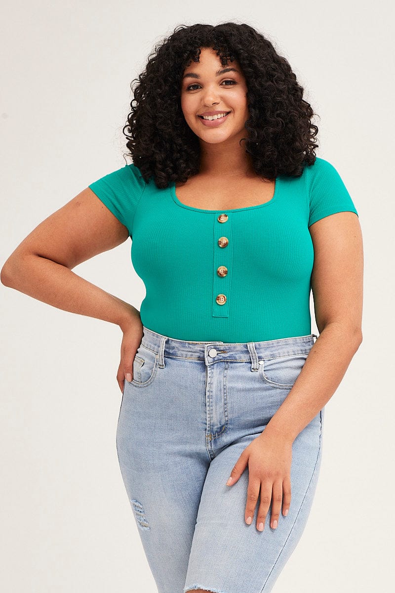 Green Rib Jersey Bodysuit Button Front Short Sleeve