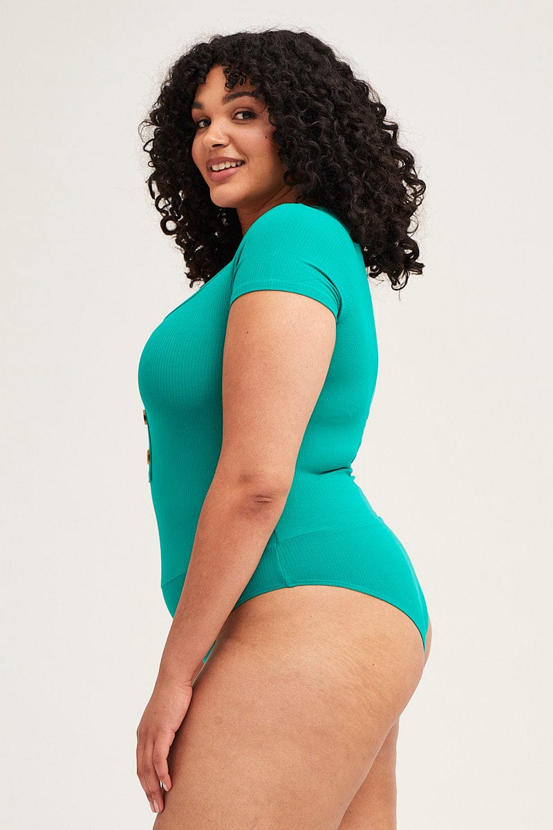 Green Rib Jersey Bodysuit Button Front Short Sleeve - Image 2