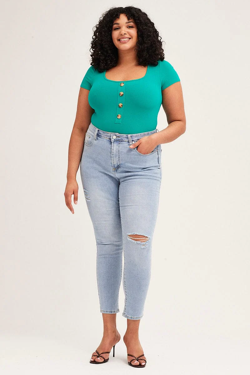 Green Rib Jersey Bodysuit Button Front Short Sleeve - Image 3