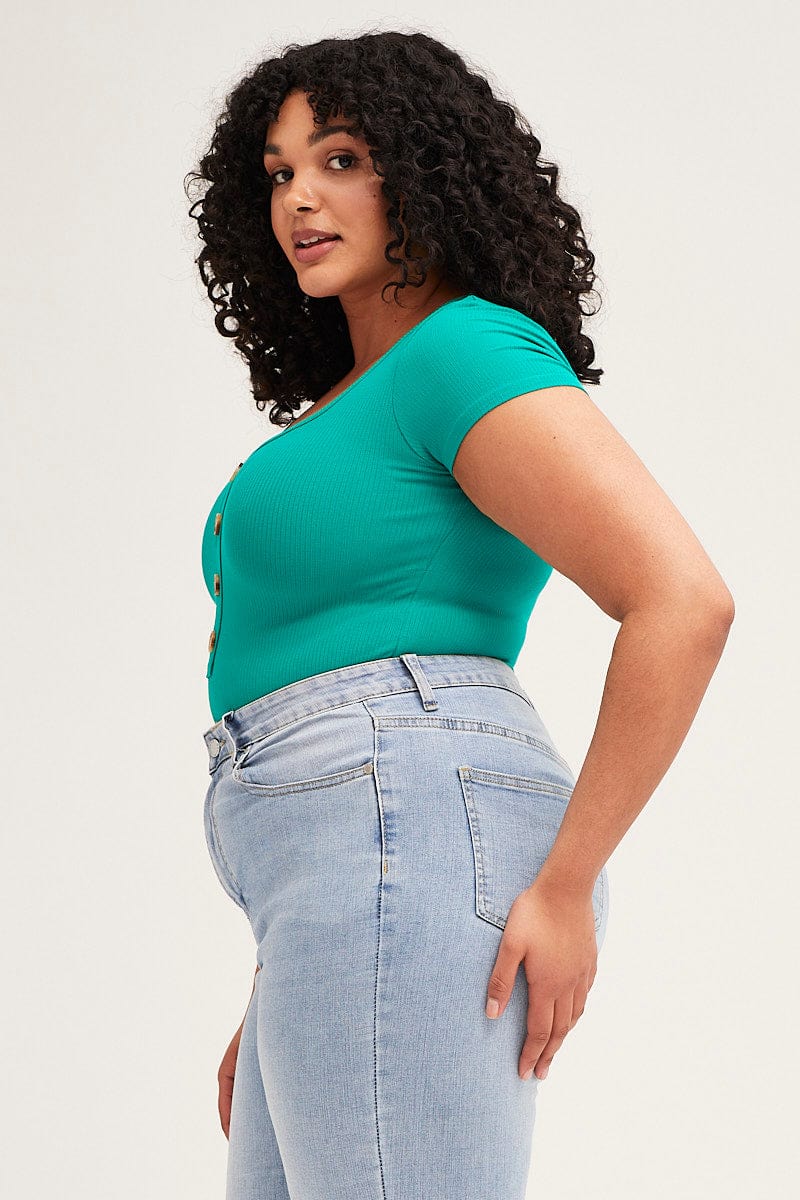Green Rib Jersey Bodysuit Button Front Short Sleeve - Image 4
