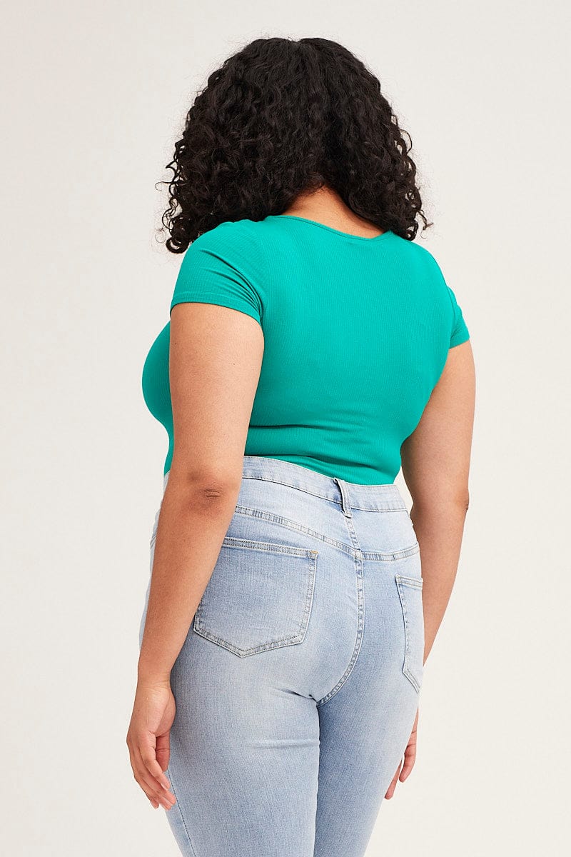 Green Rib Jersey Bodysuit Button Front Short Sleeve - Image 5