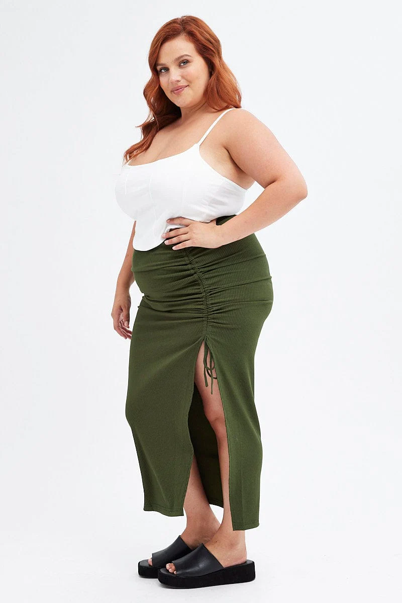 Green Rib Jersey Side Gathering Midi Skirt - Image 4