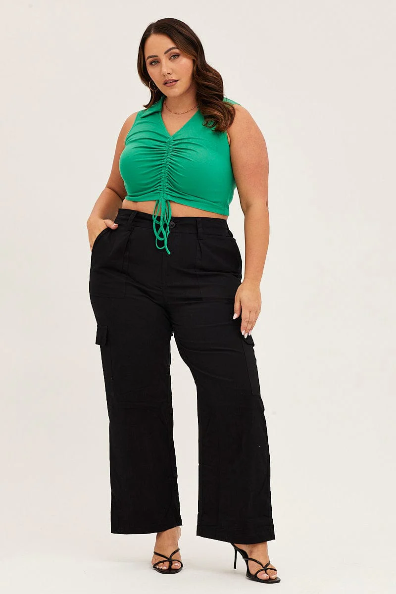 Green Rib Jersey Sleeveless Drawstring Collar Top - Image 2