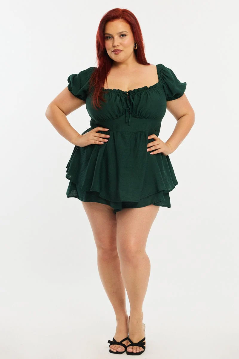 Green Ruched Playsuit Short Sleeve - Image 3