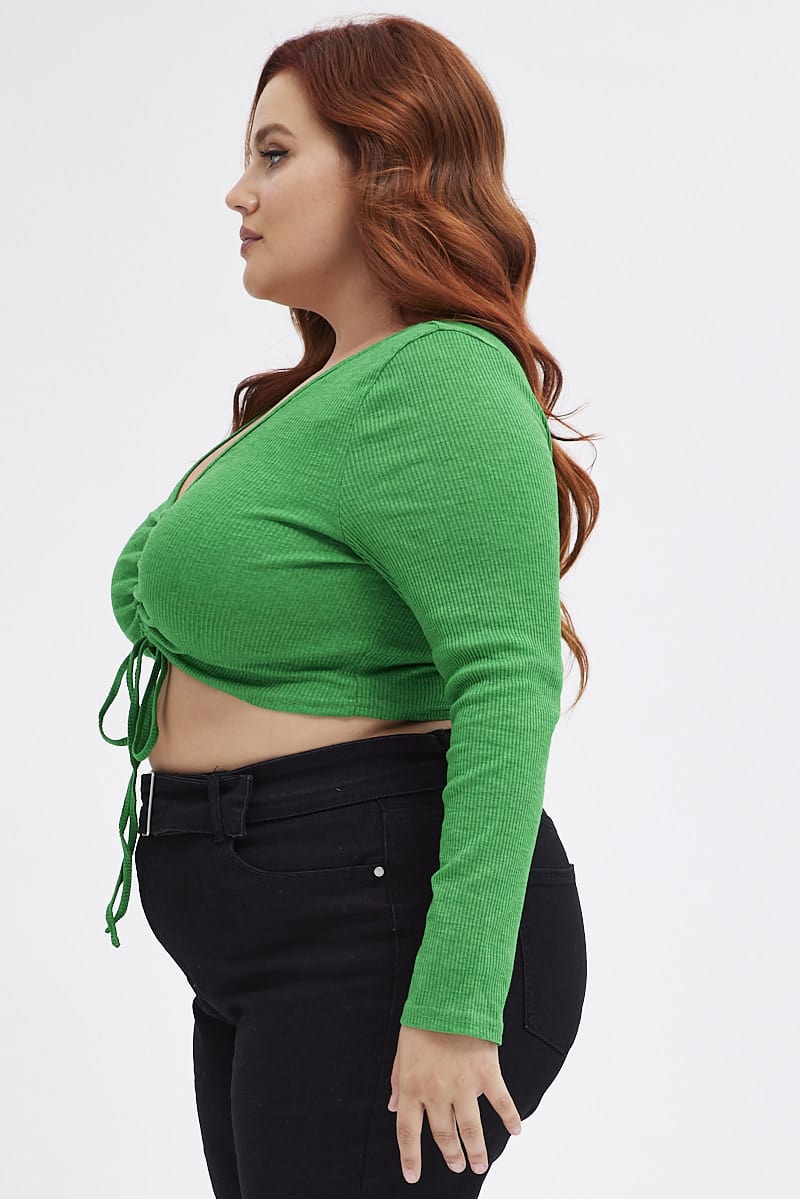 Green Ruched Top Long Sleeve V-neck - Image 4
