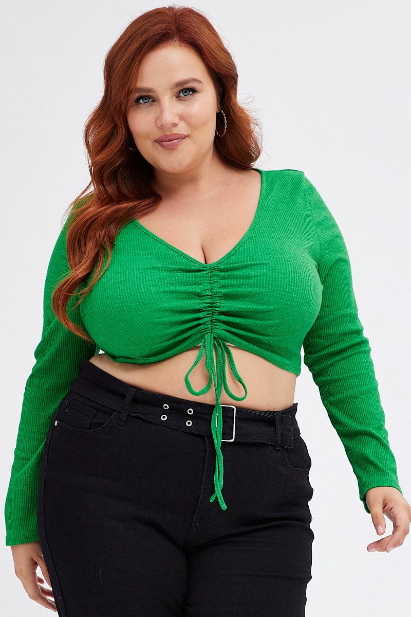 Green Ruched Top Long Sleeve V-neck - Image 5