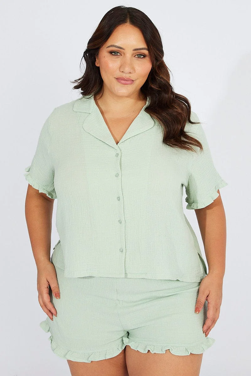Green Ruffle Pj Button Through Textured Pyjama Set - Image 2