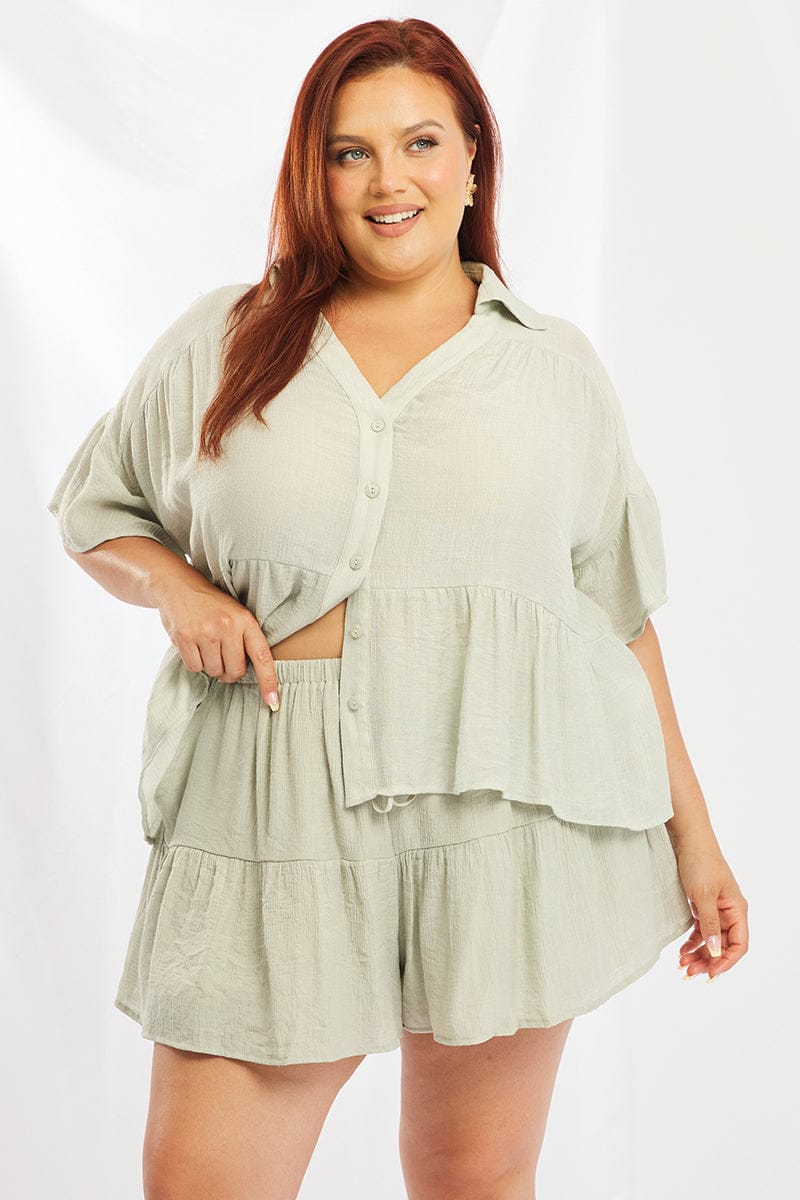 Green Ruffle Shirt Short Sleeve