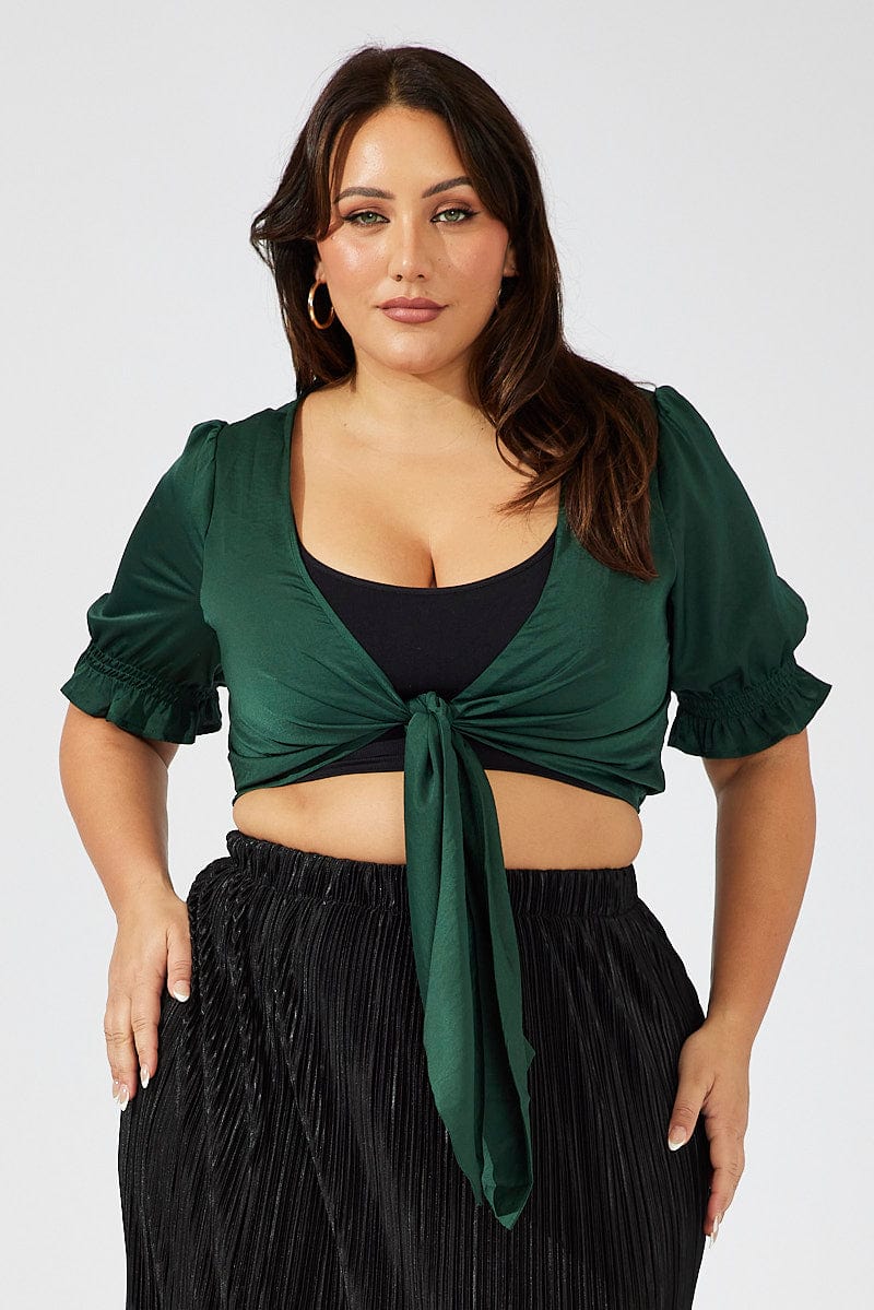 Green Satin Bolero Top Tie Front Puff Sleeve - Image 3