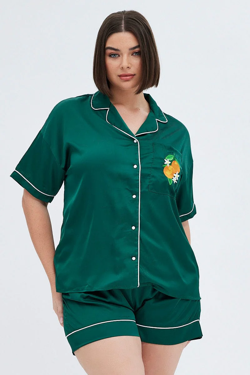 Green Satin Pj Set Contrast Piping Embroidery Pyjama - Image 3