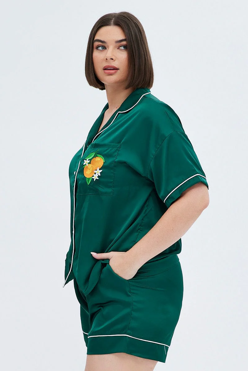 Green Satin Pj Set Contrast Piping Embroidery Pyjama - Image 4