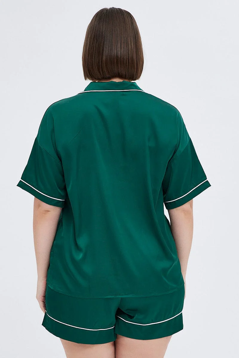Green Satin Pj Set Contrast Piping Embroidery Pyjama - Image 5