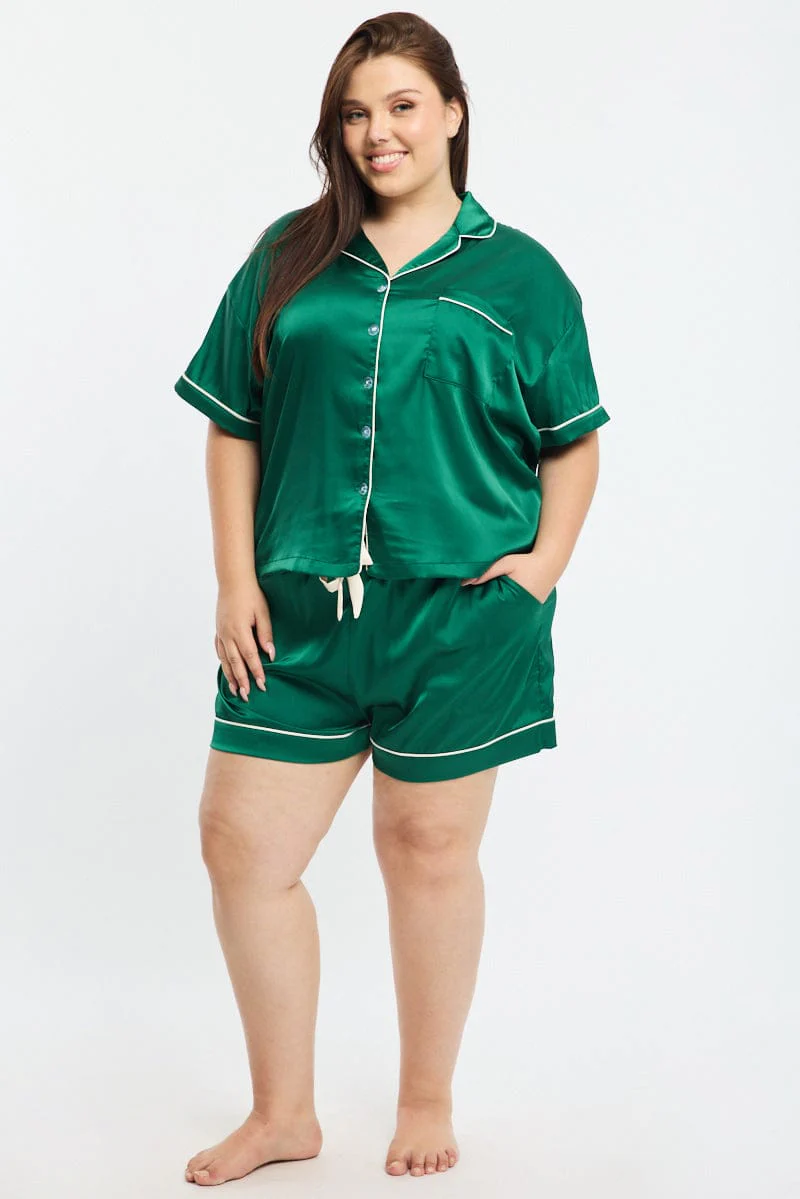 Green Satin Pyjamas Set Short Sleeve - Image 2