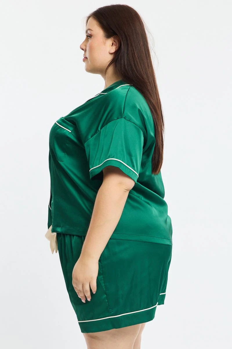 Green Satin Pyjamas Set Short Sleeve - Image 3