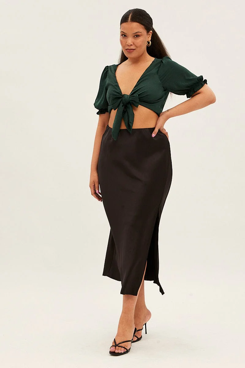 Green Satin Tie Front Short Sleeve Bolero Top - Image 2