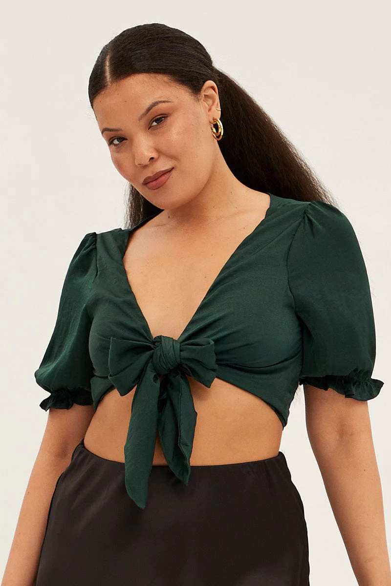 Green Satin Tie Front Short Sleeve Bolero Top - Image 3